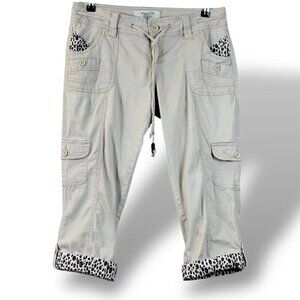 VTG American Rag Cargo Capri Pants Womens Size 9 Beige/Leopard Trim Roll-Tab Y2K